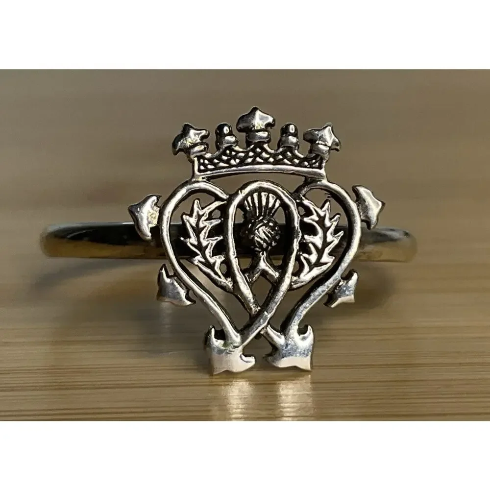 Vintage Sterling Silver Scottish Claddagh Ring Crown Heart Thistle Size 9